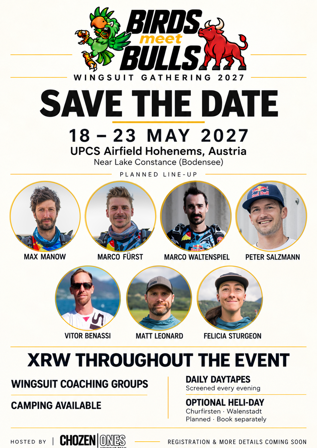 Birds meet Bulls Wingsuit Gathering 2027 with the planned lineup