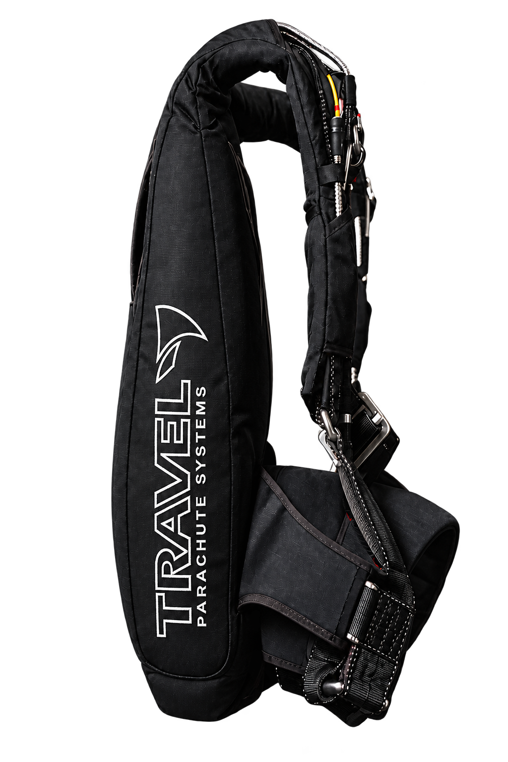 Illustration of a slender black TRAVEL Wingsuit harness and container